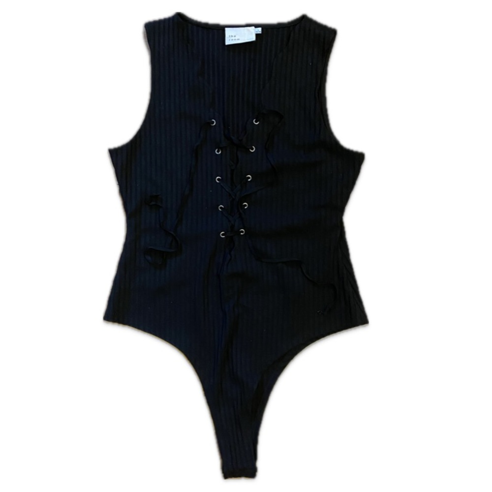 THE ROOM Lace-Up Plunging Bodysuit – Black, NWOT